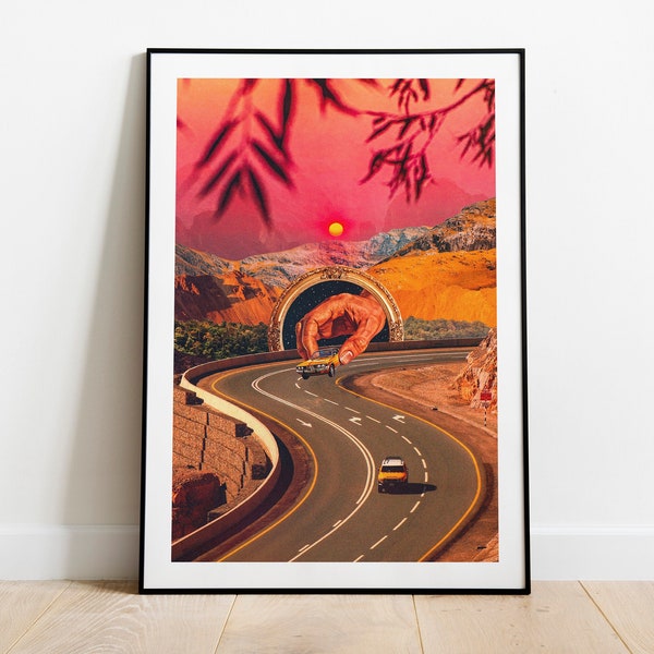 Play Time | Trippy Poster | Surreal Collage | Pink Artwork | Psychedelic Art | Vintage Collage Art | Road Trip | Cozy Art | Wall Art Decor