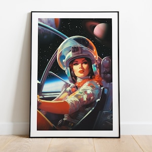 Volgende halte Mars | Retro astronautenvrouw op Mars | Ruimtereisposter muurkunst | Vintage surrealistische collage-sci-fi | Kosmische decoratieve poster