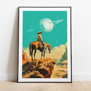 Astronauta occidentale / Arte cosmica / Arte futuristica retrò / Western vintage / Collage di fantascienza / Avventura spaziale / Arte fantascientifica retrò / Arte murale