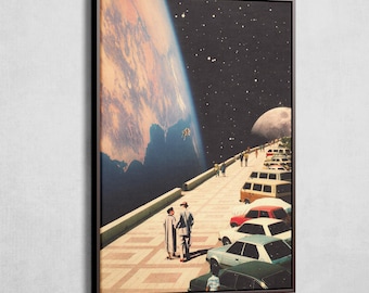 Space Promenade | Canvas and Framed Canvas | Retro Futurism, Space Collage, Vintage Sci-Fi Poster, Surreal Art, Wall Decor, Astronomy