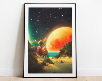 Impresión artística de futurismo retro: Collage de playa cósmica