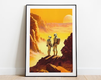 Yellow Planet Astronauts Art Print: Retro Sci-Fi Wall Art