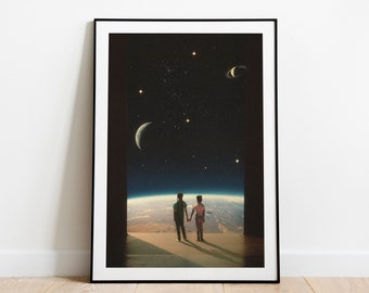 May include: A framed print of a surrealist artwork depicting two figures standing on a platform overlooking a planet with a starry sky and crescent moons in the background.