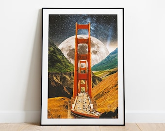 Trippy Bridge Art Print: Retro-Futuristic Sci-Fi Collage