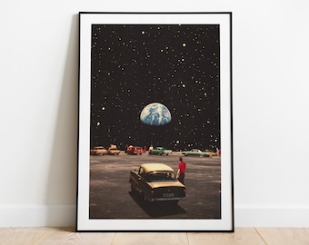 Missing Home - Retro Futuristic Space Vintage Collage Art, Sci-Fi Poster, Surreal Art, Eclectic Home Decor, Premium Print & Poster, Wall Art