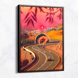 Arte en lienzo de futurismo retro: collage surrealista de viaje por carretera