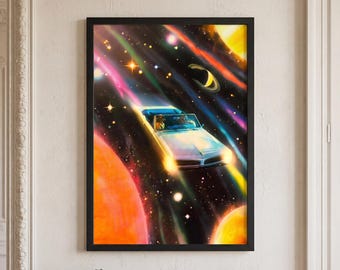 Impresión artística de futurismo retro: collage cósmico psicodélico / arcoíris espacial