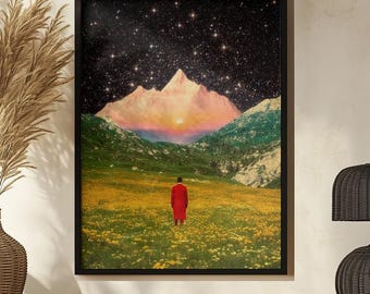Kolaż w stylu retro futuryzmu: Surrealistyczny krajobraz kosmiczny