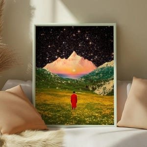 Sogno del vagabondo / Collage artistico del futurismo retrò / Avventura nello spazio / Paesaggio vintage / Surrealista / Montagne / Trippy psichedelico