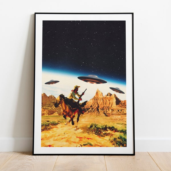 UFO Space Chase | Kosmische Kunst | Retro Futuristische Kunst | Retro Western | Collage Kunst | Raumfahrt | Retro Kunst | Ausstellungsposter | Wandkunst