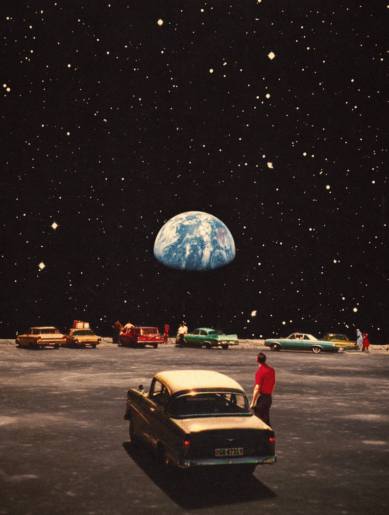 May include: A vintage car parked on a gray, rocky surface with a view of Earth in the distance. The car is a light beige color with a black roof and a black bumper. The car is surrounded by other vintage cars and people standing around. The sky is black with stars.
