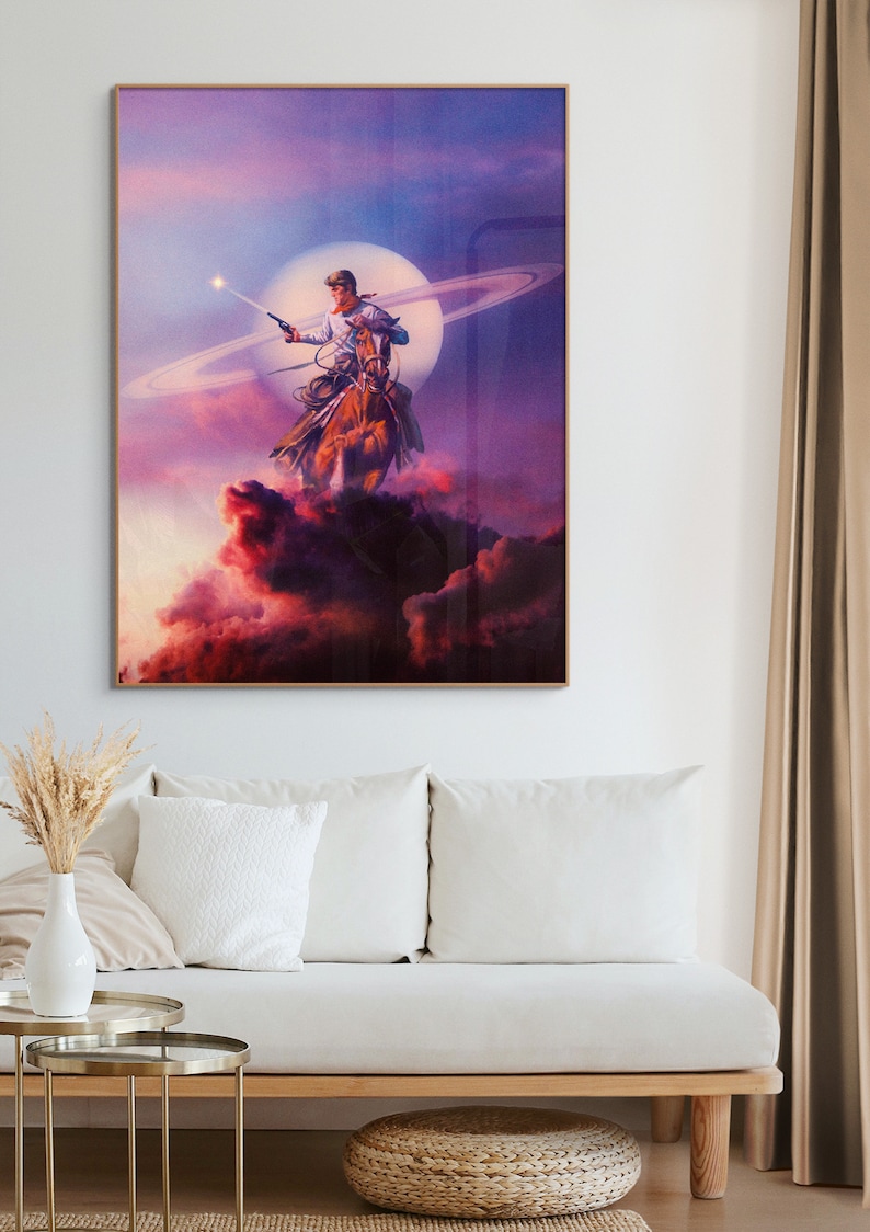 May include: A cowboy riding a horse through a purple and pink sky with a ring of clouds around a bright white moon. The cowboy is holding a gun and is looking to the right.