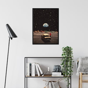 May include: A retro-style collage art print featuring a vintage car parked in a deserted lot with a view of Earth in the night sky. The print has a vintage aesthetic and a surreal feel.
