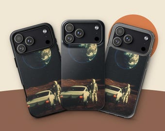 Astronaut Phone Case, Vintage Car and Earth Space Collage, iPhone 17 Pro Max, 18 Pro, 16, 15, 14, 13, Tough or Clear Case