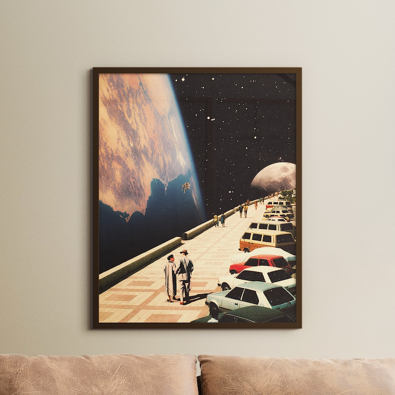 a painting of two people standing in a parking lot