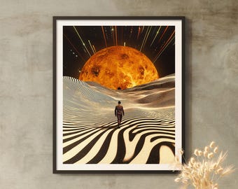 Adventures In New Dimensions | Vintage Collage Art, Retro Futurism, Trippy Moon Poster, Psychedelic Opart Decor, Art by Taudalpoi, Cosmic