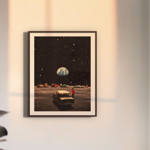 May include: A retro-style collage of a car driving on a moon-like surface with Earth visible in the sky. The car is surrounded by other cars and a person in a red shirt is standing nearby.