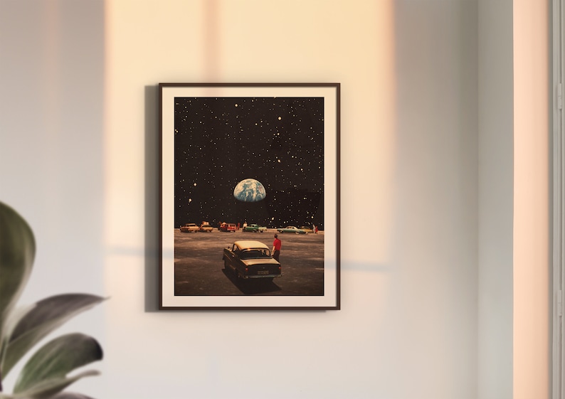 May include: A retro-style collage of a car driving on a moon-like surface with Earth visible in the sky. The car is surrounded by other cars and a person in a red shirt is standing nearby.