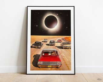 Póster espacial de futurismo retro: arte de collage de coches clásicos