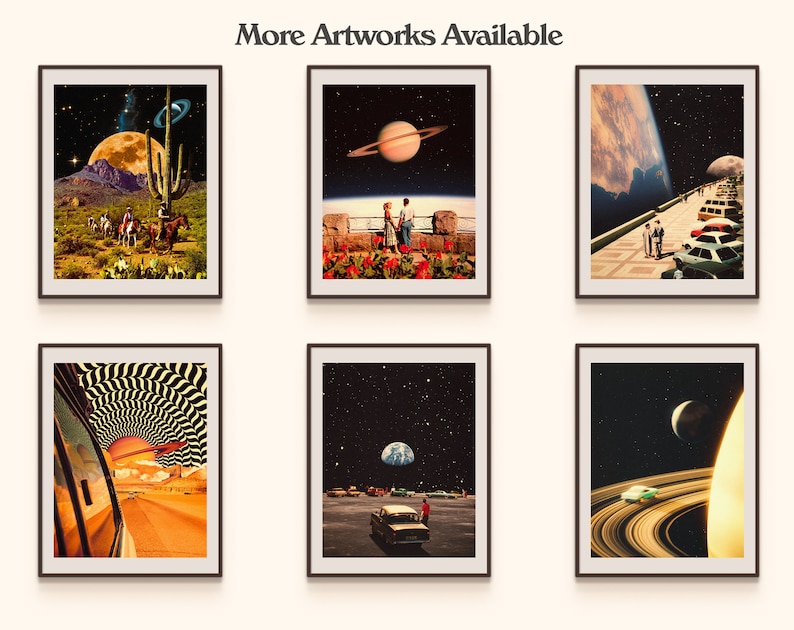 May include: Six framed art prints with a retro, surrealist aesthetic. Each print features a different scene with planets, stars, and cars. The prints are all in black frames with white mats.