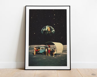 Impresión artística de collage de ciencia ficción retro: Picnic lunar, póster de viajes espaciales