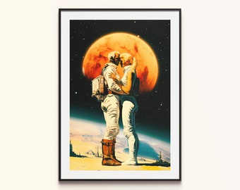 Retro science fiction – wydruk artystyczny: Międzygalaktyczna miłość, astronauci, kosmiczny kolaż