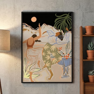 Könnte beinhalten: Ein gerahmter Kunstdruck mit einer stilisierten Illustration von drei tanzenden Figuren. Das Kunstwerk verwendet eine warme Farbpalette mit schwarzem Hintergrund, einem pfirsichfarbenen Mond und einem dekorativen Brunnen.