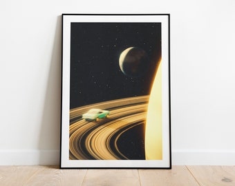 Saturn Road Trip | Space Art | Retro Art | Futuristic Collage | Cosmic Design | Trippy Wall Art | Space Adventure | Vintage Collage Design
