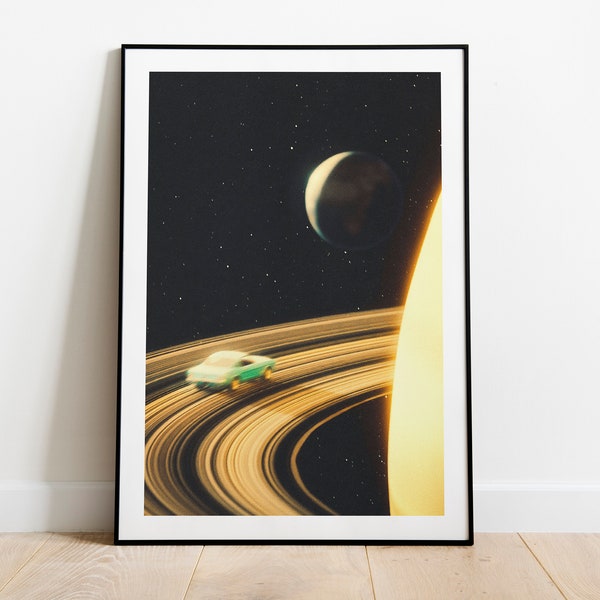 Saturn Road Trip | Space Art | Retro Art | Futuristic Collage | Cosmic Design | Trippy Wall Art | Space Adventure | Vintage Collage Design