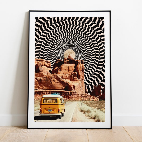 Un véritable road trip | Conception Oppart | Affiche d’illusion d’optique | Collage vintage | Trippy Art | Affiche d’aventure | Voyage psychédélique | Art mural