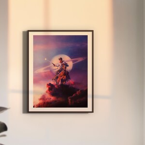 May include: A man riding a horse in the clouds, holding a gun and pointing it towards a bright star. The horse is facing the left side of the image. The background is a purple and pink sky with a ringed planet in the distance.