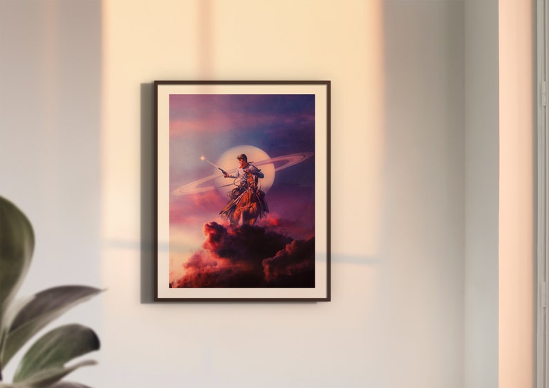 May include: A man riding a horse in the clouds, holding a gun and pointing it towards a bright star. The horse is facing the left side of the image. The background is a purple and pink sky with a ringed planet in the distance.