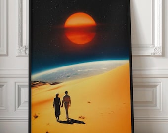 Retro Futurism Art Print: Cosmic Lovers, Galactic Dunes