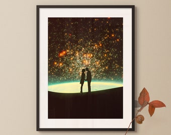 Cosmic Kiss Print: Sztuka gwieździstego nieba w stylu retro futuryzmu