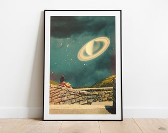 Retro Sci-Fi Art Print: Date With Saturn Collage Poster