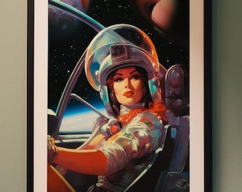 Mars: Retro futuristische Astronautin auf dem Mars | Vintage Sci-Fi Collage Kunst Poster