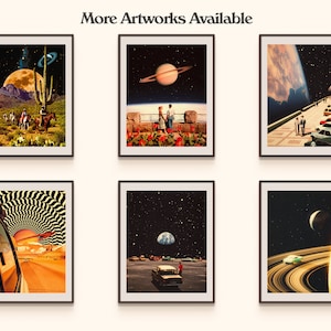 May include: Six framed art prints with a retro, surrealist aesthetic. Each print features a different scene with planets, stars, and cars. The prints are all in black frames with white mats.