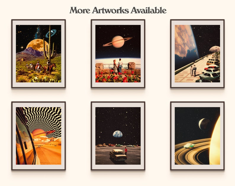 May include: Six framed art prints with a retro, surrealist aesthetic. Each print features a different scene with planets, stars, and cars. The prints are all in black frames with white mats.