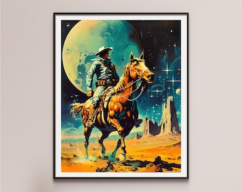 Space Cowboy Art Print: Retro Futurism, Vintage Western Poster