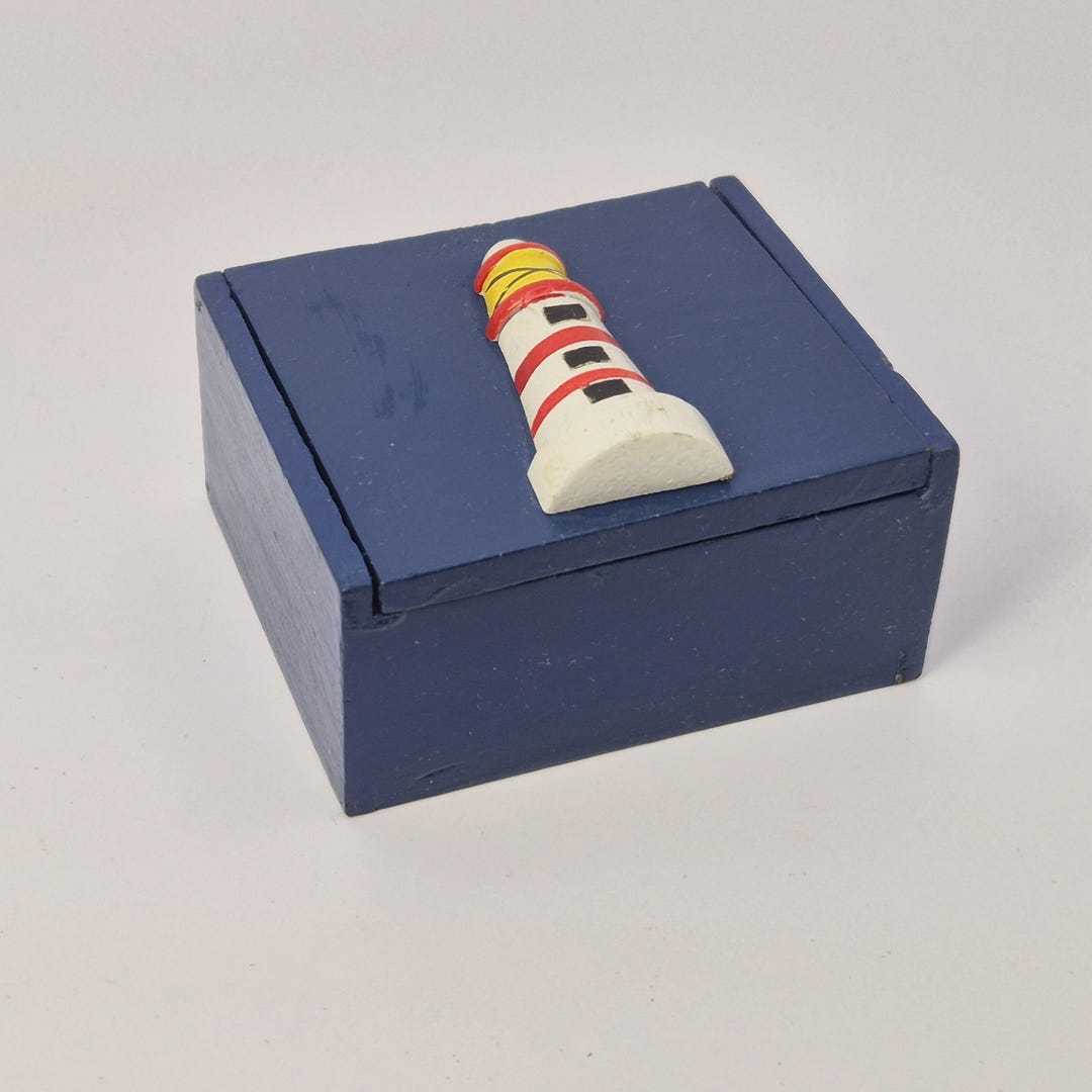Hand-painted Wooden Lighthouse Trinket Box โ Nautical Blue Keepsake Box ...