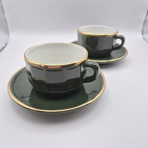 Set of 2 Apilco Green & Gold Cups with Matching Saucers – French Porcelain