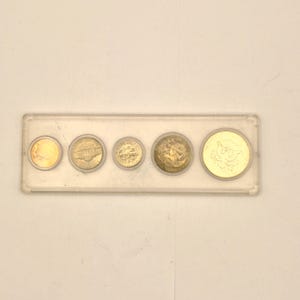 May include: A collection of five gold-colored coins of varying sizes, displayed in a clear plastic holder. The coins feature different designs and inscriptions, with one coin showing a building and another depicting an eagle.