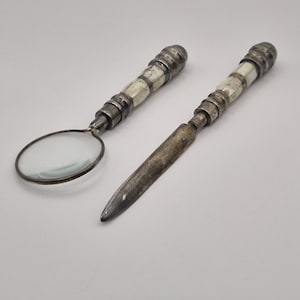 Vintage Desk Set – Letter Opener & Magnifying Glass with Faux Bone Handles – Industrial Antique Look
