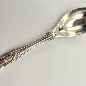 May include: A silver spoon with an oval bowl and a decorative handle. The handle features ornate floral and scrollwork designs. The spoon is likely made of sterling silver or a similar metal, and is designed for serving.