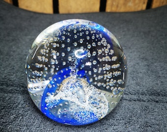 Caithness Sparkle blue paperweight with controlled bubbles