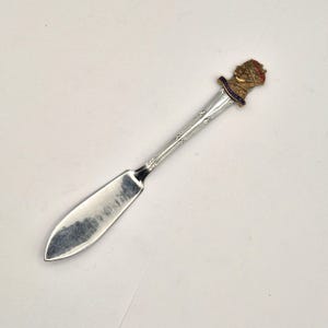 Può includere: Un coltello da burro argentato con un manico decorativo. Il manico presenta un emblema dorato con dettagli rossi e blu. La lama è di colore argento lucido.