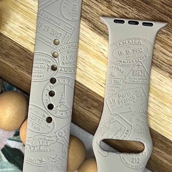 Travel Passport Stamp Laser engraved Silicone watch band;