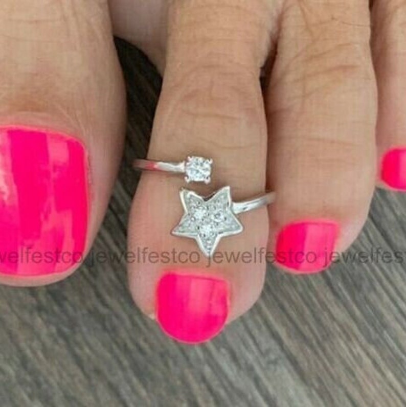 Star Toe Ring, Engagement Wedding Ring For Her, Bypass, 14K White Gold Plated, Star Celestial Ring, Bridal Diamond Toe Ring, Gifts For Her shops