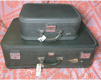 Skyway Vintage Luggage Pair of Hardshell Cases 22x16”& 15x10” Blue/Gray Matching Suitcase Set 1950’s /60’s Retro Road Case Display Case