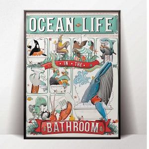 Cartel de baño de vida oceánica, cartel de baño de humor de baño divertido